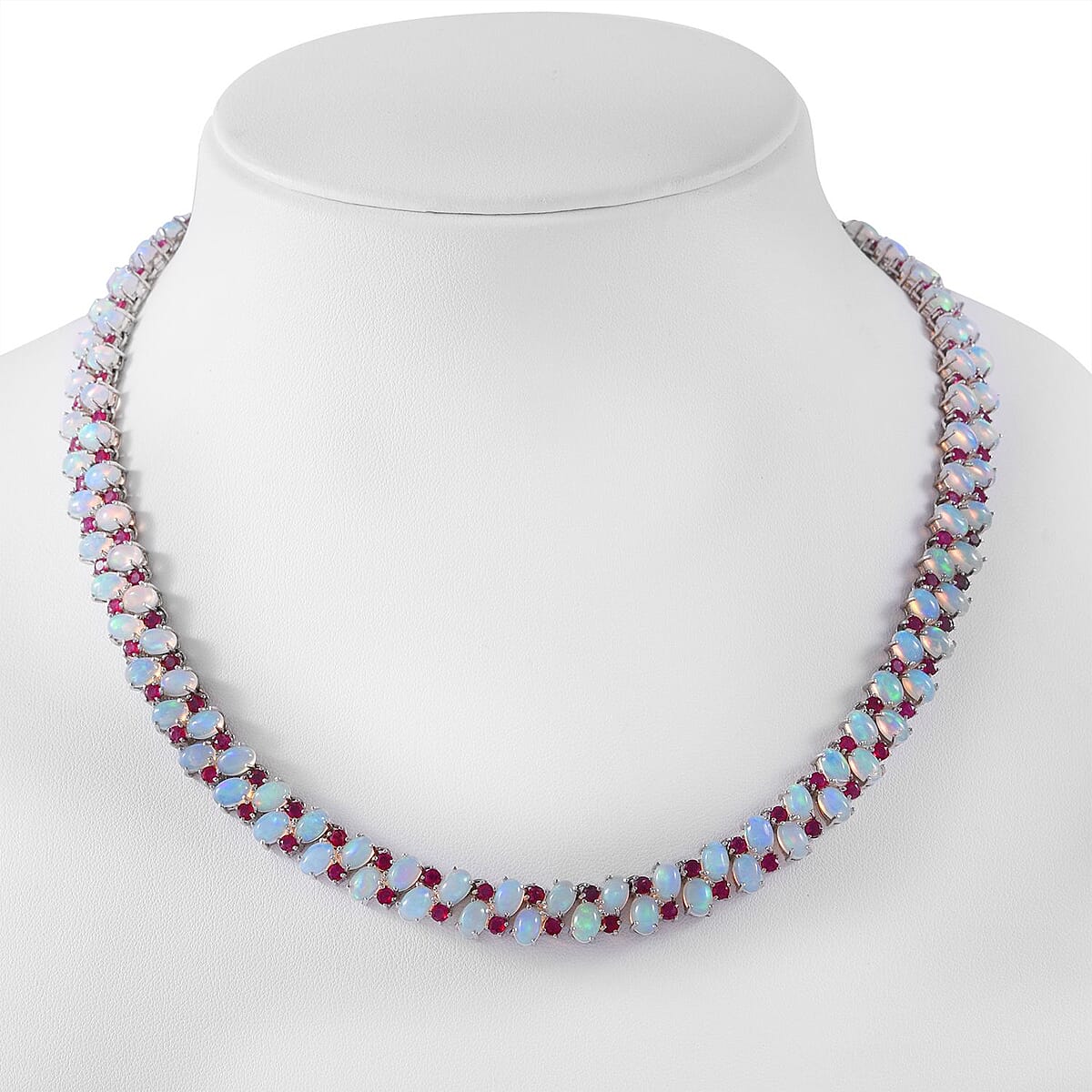 Premium Ethiopian Welo Opal and Niassa Ruby (FF) Necklace 18 Inches in Platinum Over Sterling Silver 61.50 ctw image number 1