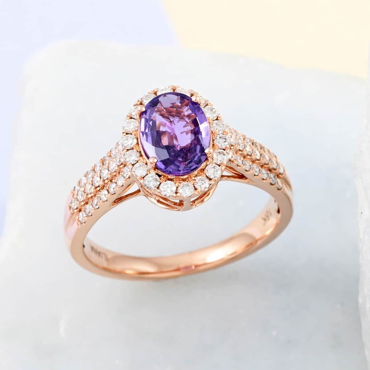 Certified and Appraised Iliana AAA Madagascar Purple Sapphire and G-H SI Diamond 1.90 ctw Halo Ring in 18K Rose Gold (Size 6.5) 4.10 Grams image number 1