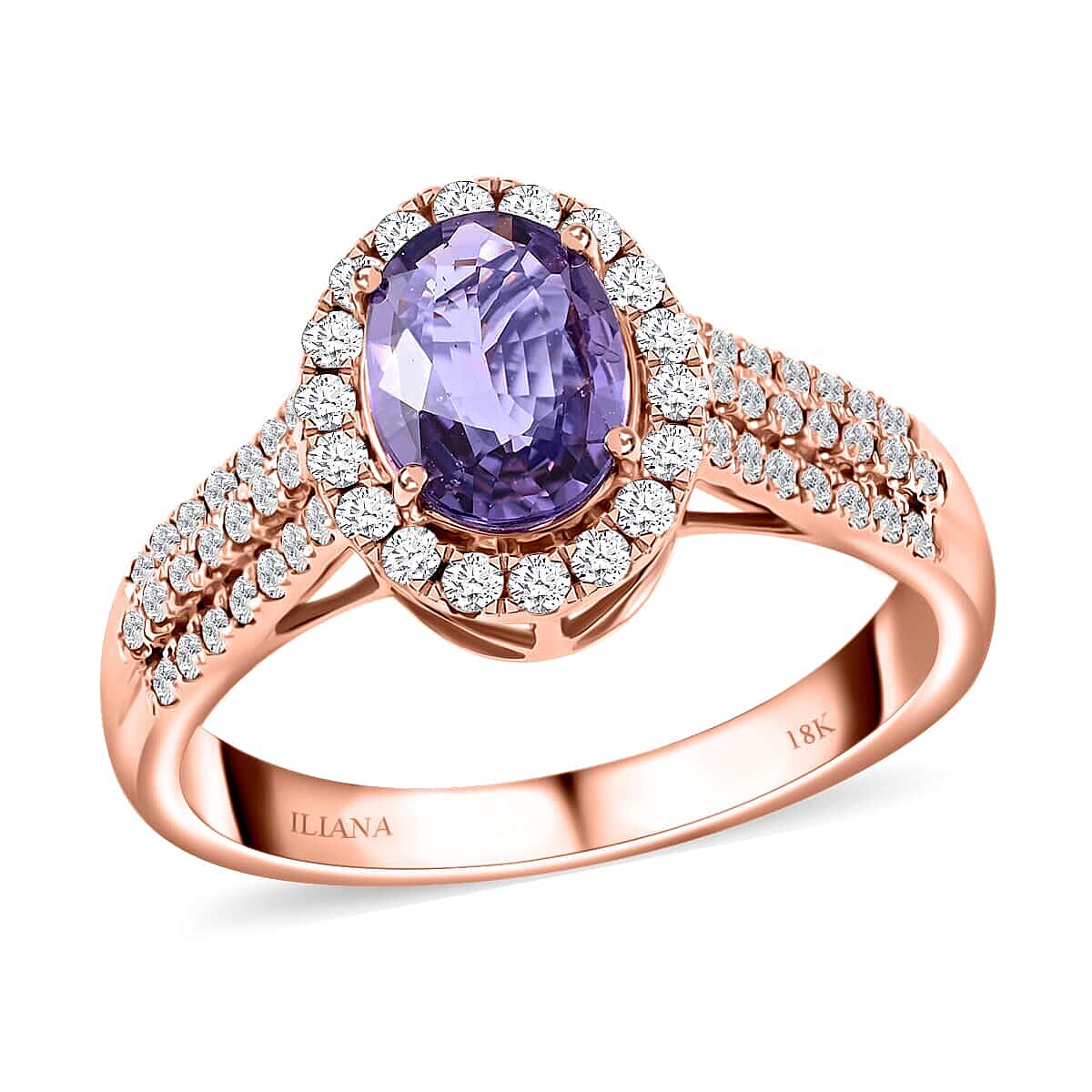 Certified and Appraised Iliana AAA Madagascar Purple Sapphire and G-H SI Diamond 1.90 ctw Halo Ring in 18K Rose Gold (Size 10.5) 4.10 Grams image number 0