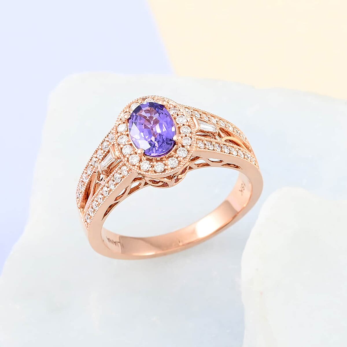 Certified & Appraised Iliana 18K Rose Gold AAA Madagascar Purple Sapphire and G-H SI Diamond Halo Ring (Size 5.5) 5.50 Grams 1.40 ctw image number 1