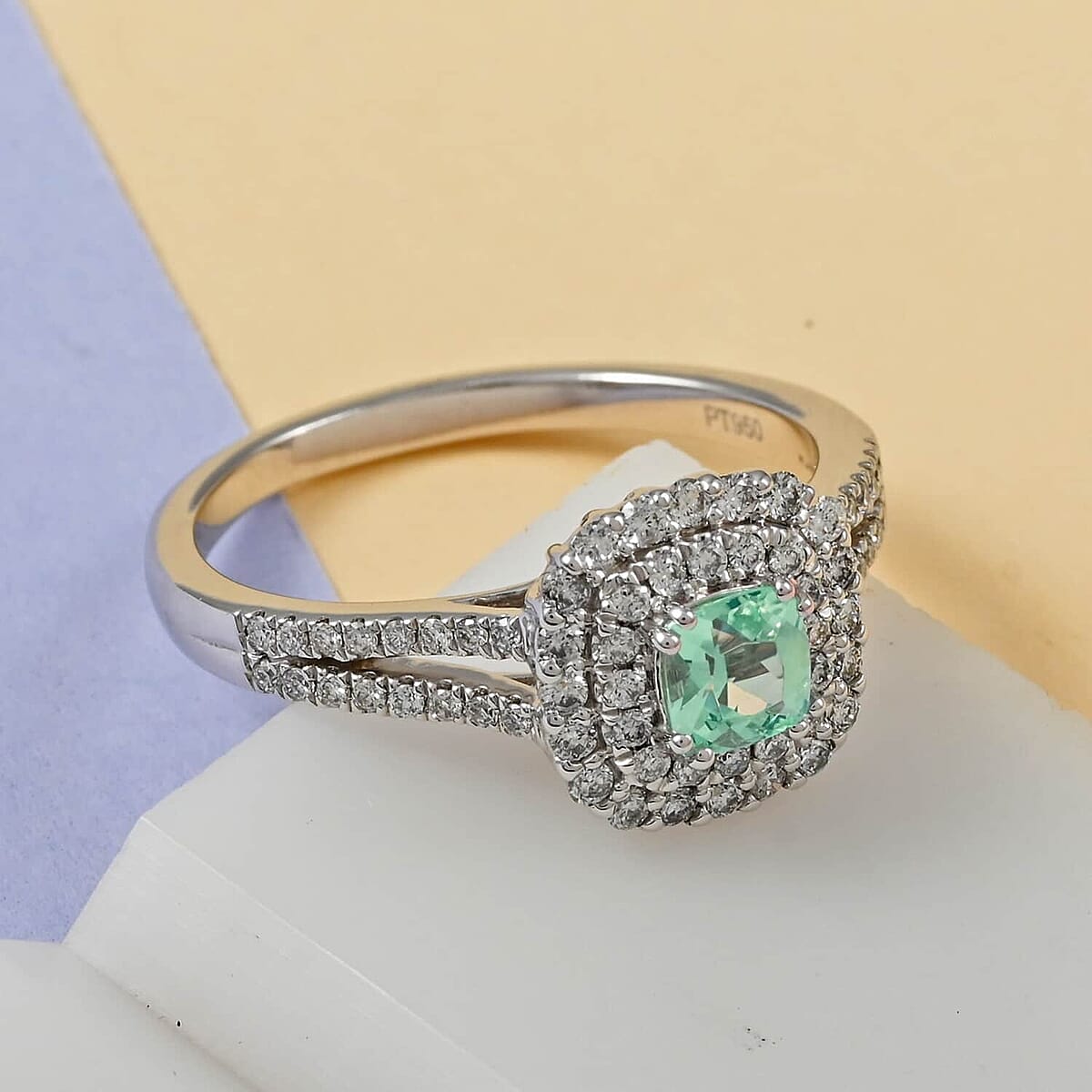 Certified Rhapsody 950 Platinum AAAA Paraiba Tourmaline and E-F VS Diamond Double Halo Ring (Size 10.5) 5.75 Grams 1.00 ctw image number 1