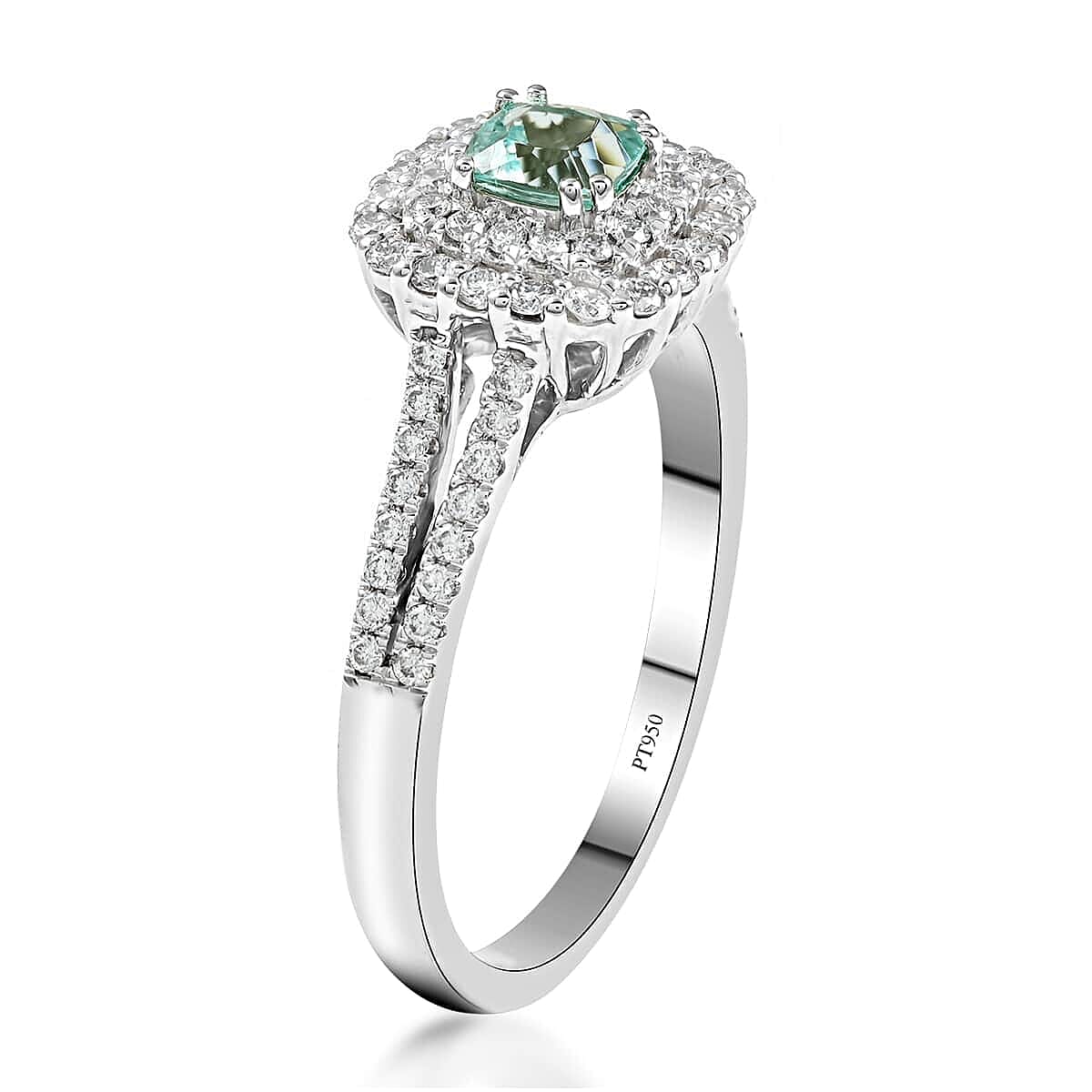 Certified Rhapsody 950 Platinum AAAA Paraiba Tourmaline and E-F VS Diamond Double Halo Ring (Size 10.5) 5.75 Grams 1.00 ctw image number 3