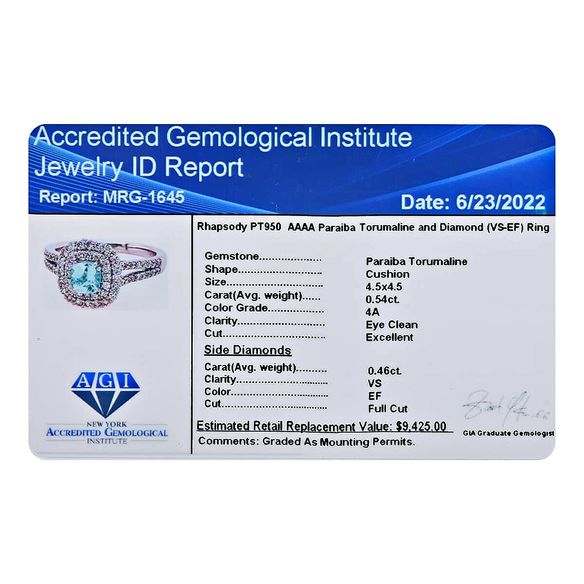 Certified Rhapsody 950 Platinum AAAA Paraiba Tourmaline and E-F VS Diamond Double Halo Ring (Size 10.5) 5.75 Grams 1.00 ctw image number 6