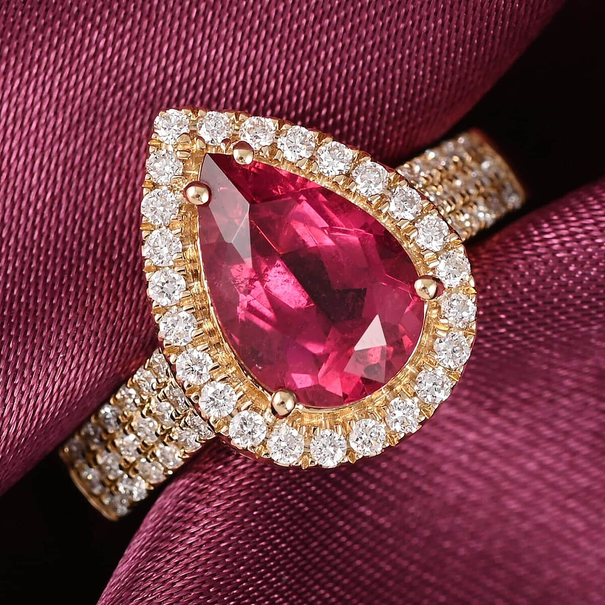 Certified & Appraised Iliana 18K Yellow Gold AAA Ouro Fino Rubellite and G-H SI Diamond Halo Ring (Size 5.0) 4.70 Grams 2.10 ctw image number 1