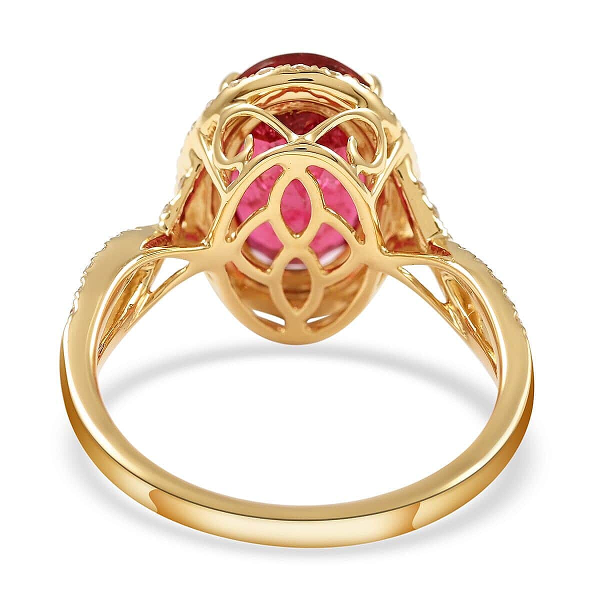 Certified & Appraised Iliana 18K Yellow Gold AAA Ouro Fino Rubellite and G-H SI Diamond Halo Ring (Size 6.5) 4.10 ctw image number 4