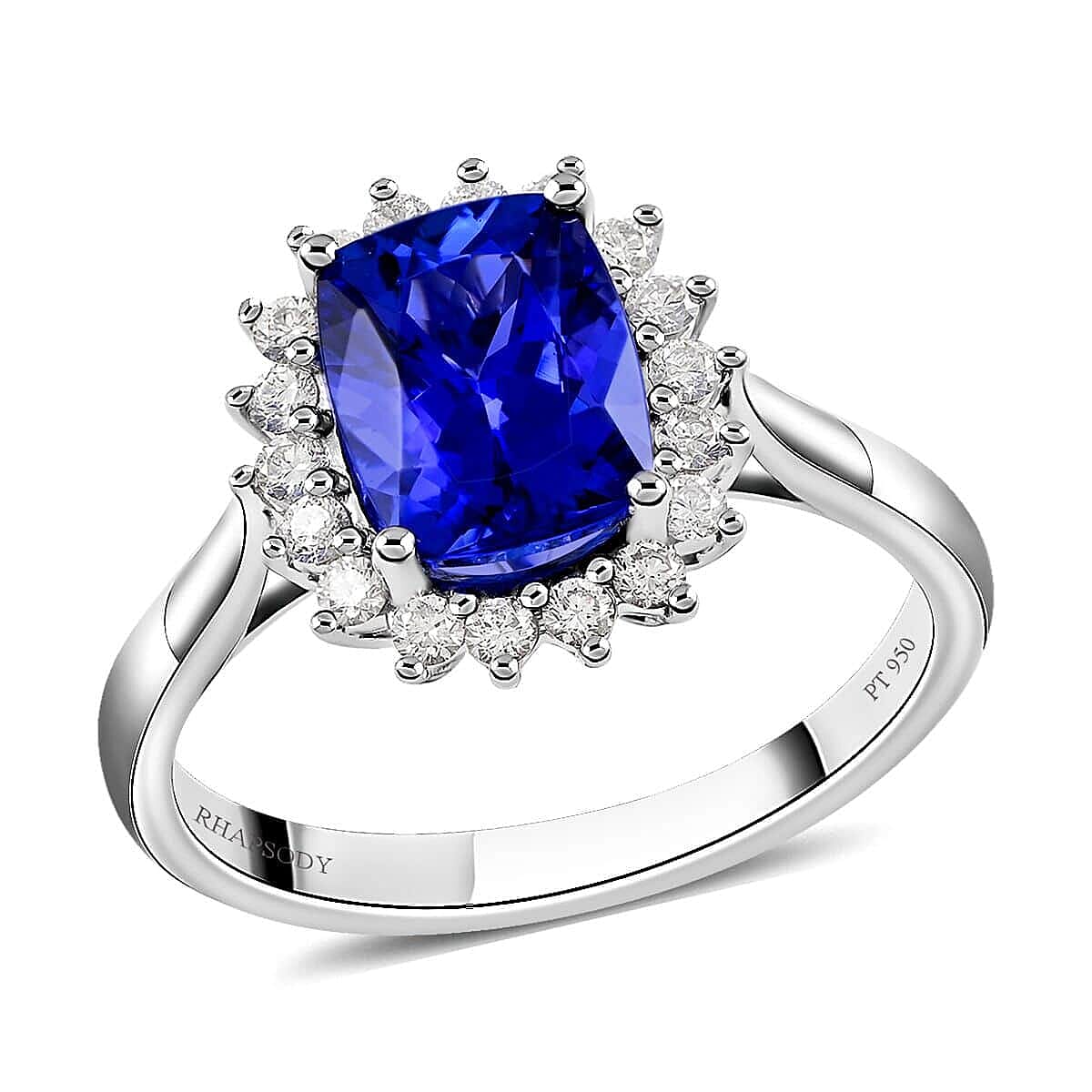 Certified and Appraised Rhapsody 950 Platinum AAAA Tanzanite and E-F VS Diamond Halo Ring (Size 6.5) 5.58 Grams 2.55 ctw image number 0