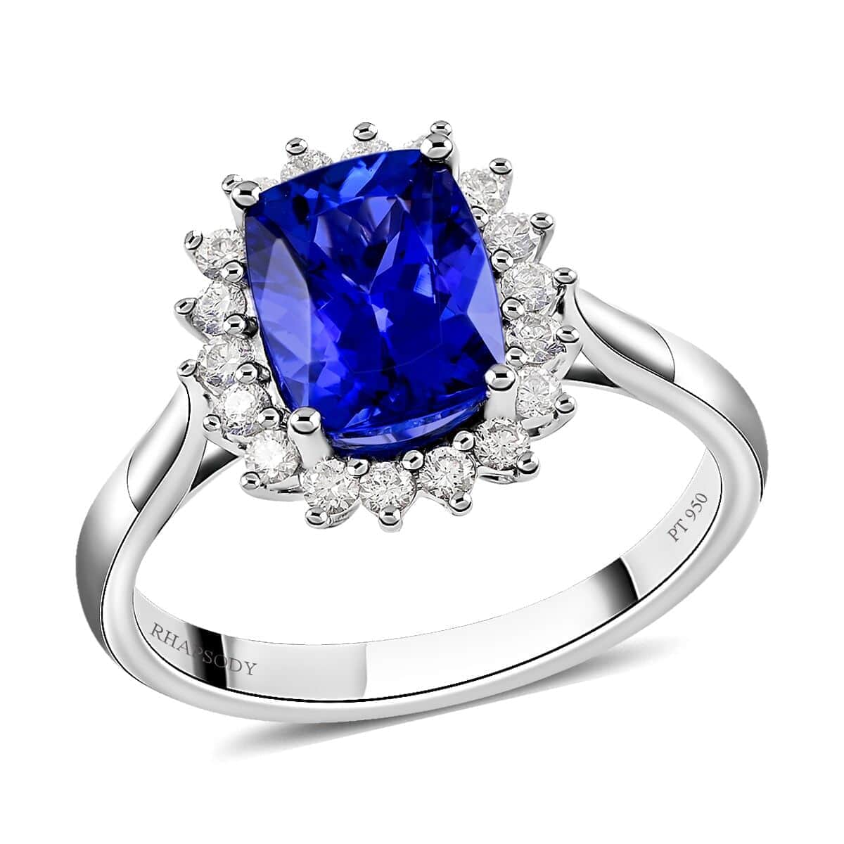 Certified and Appraised Rhapsody 950 Platinum AAAA Tanzanite and E-F VS Diamond Halo Ring (Size 7.5) 5.58 Grams 2.55 ctw image number 0