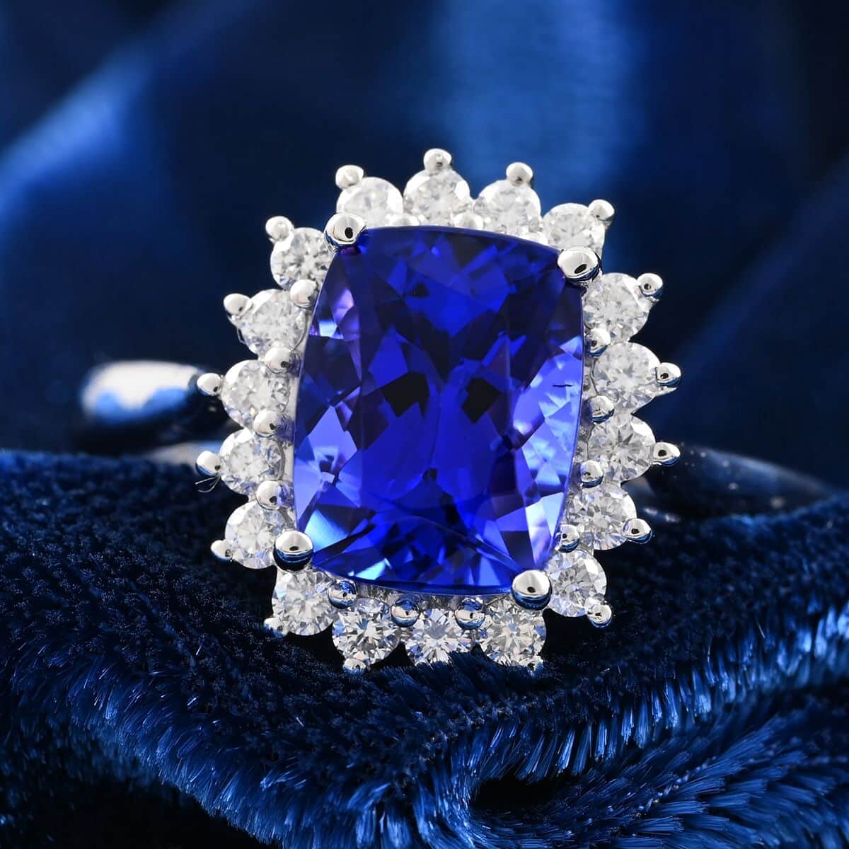 Certified and Appraised Rhapsody 950 Platinum AAAA Tanzanite and E-F VS Diamond Halo Ring (Size 7.5) 5.58 Grams 2.55 ctw image number 1