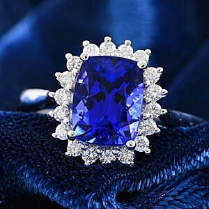 Certified and Appraised Rhapsody 950 Platinum AAAA Tanzanite and E-F VS Diamond Halo Ring (Size 7.5) 5.58 Grams 2.55 ctw
