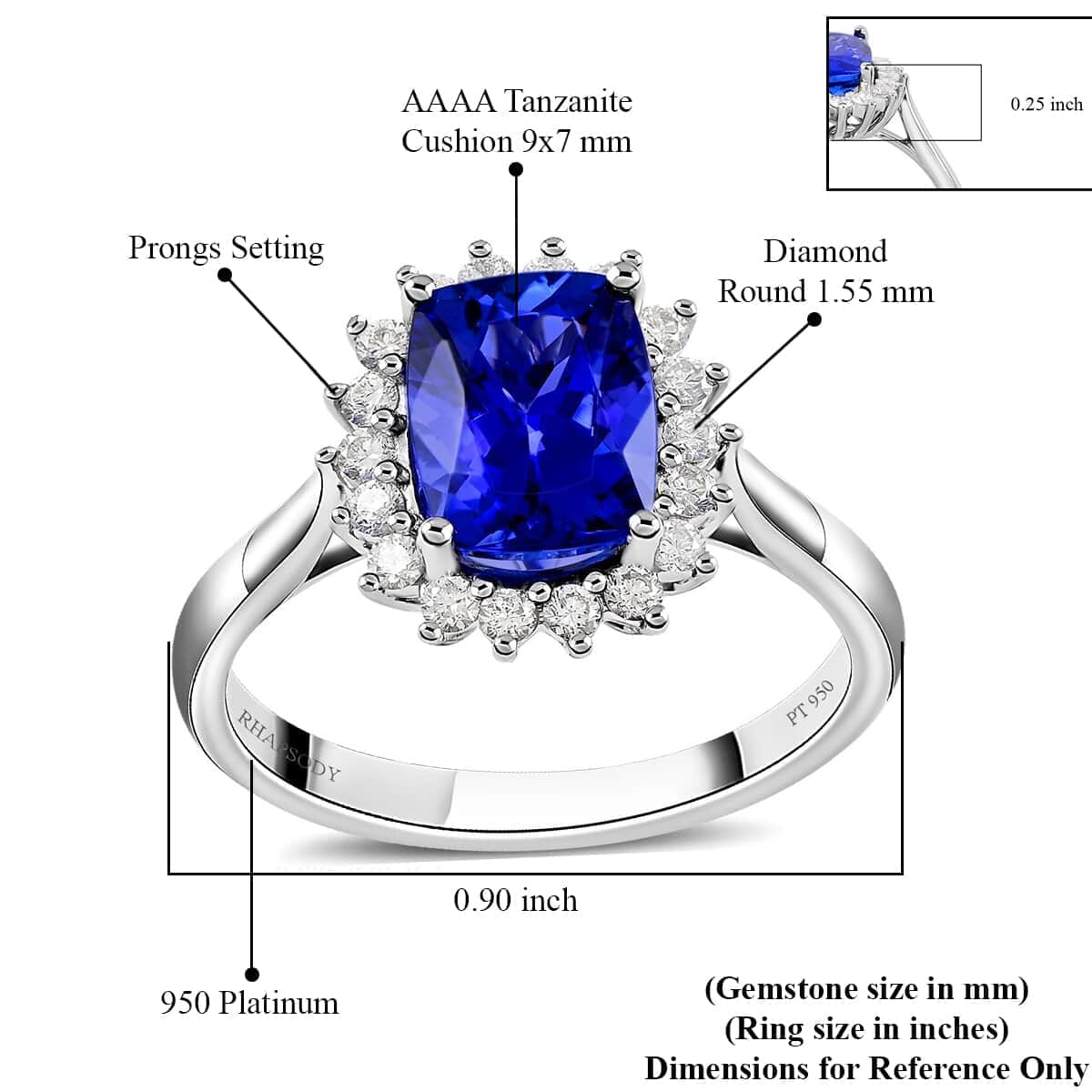 Certified and Appraised Rhapsody 950 Platinum AAAA Tanzanite and E-F VS Diamond Halo Ring (Size 7.5) 5.58 Grams 2.55 ctw image number 5