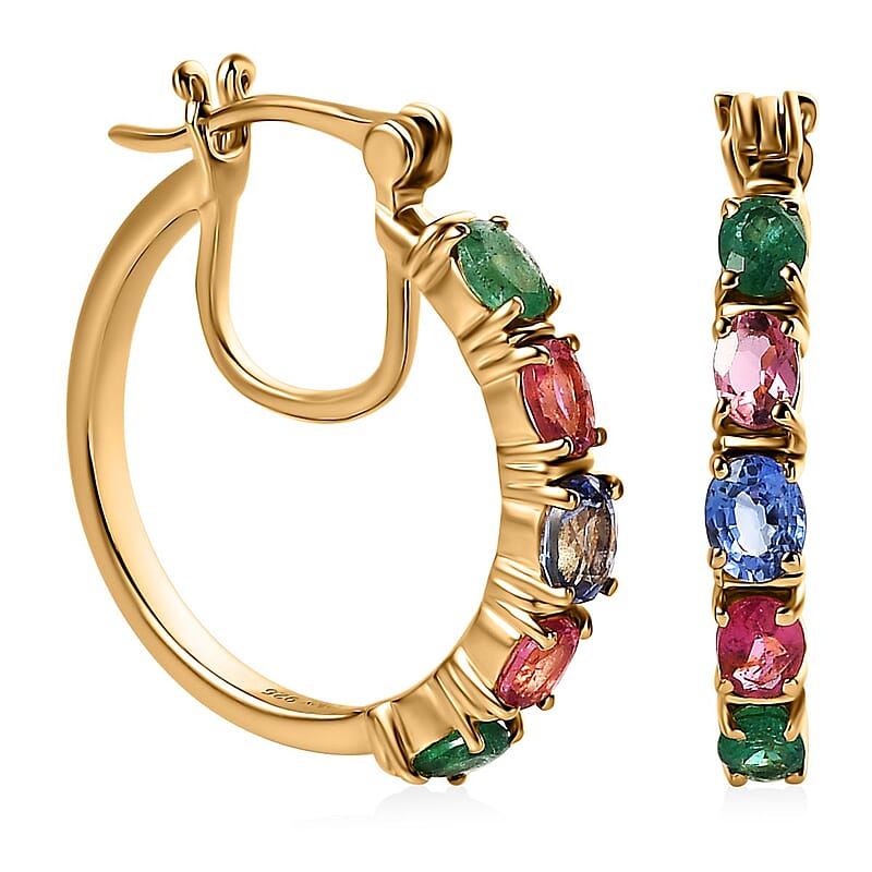 Premium Ceylon Blue Sapphire, Kagem Zambian Emerald and Ouro Fino Rubellite 2.25 ctw Hoop Earrings in Vermeil Yellow Gold Over Sterling Silver
