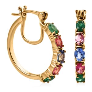 Premium Ceylon Blue Sapphire, Kagem Zambian Emerald and Ouro Fino Rubellite Hoop Earrings in Vermeil Yellow Gold Over Sterling Silver 2.25 ctw