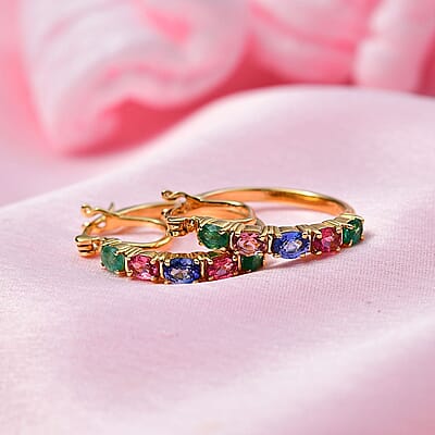 Premium Ceylon Blue Sapphire, Kagem Zambian Emerald and Ouro Fino Rubellite 2.25 ctw Hoop Earrings in Vermeil Yellow Gold Over Sterling Silver