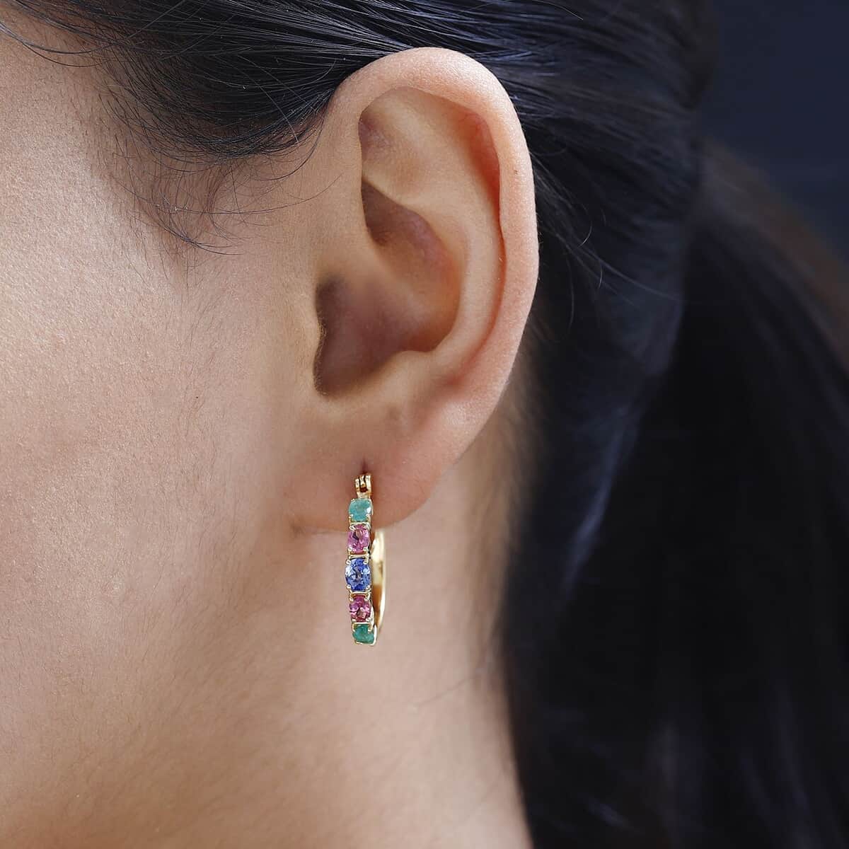 Premium Ceylon Blue Sapphire, Kagem Zambian Emerald and Ouro Fino Rubellite Hoop Earrings in Vermeil Yellow Gold Over Sterling Silver 2.25 ctw image number 2