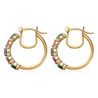 Premium Ceylon Blue Sapphire, Kagem Zambian Emerald and Ouro Fino Rubellite 2.25 ctw Hoop Earrings in Vermeil Yellow Gold Over Sterling Silver