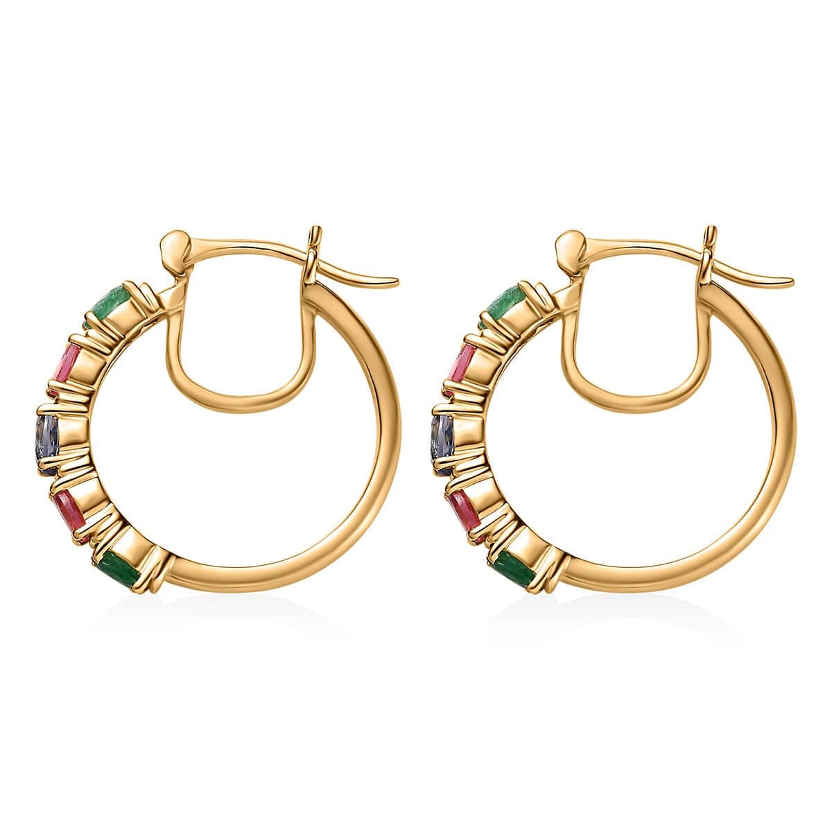 Premium Ceylon Blue Sapphire, Kagem Zambian Emerald and Ouro Fino Rubellite Hoop Earrings in Vermeil Yellow Gold Over Sterling Silver 2.25 ctw image number 3
