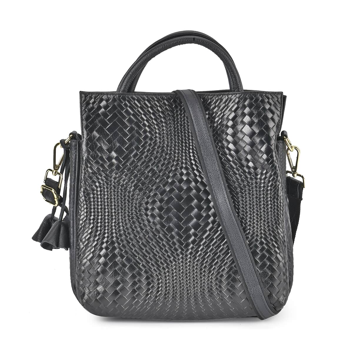 Black Embossed Weave Genuine Leather Crossbody Bag with Handle Drop and Shoulder Strap image number 0