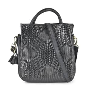 Black Embossed Weave Genuine Leather Crossbody Bag with Handle Drop and Shoulder Strap