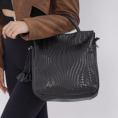 Black Embossed Weave Genuine Leather Crossbody Bag with Handle Drop and Shoulder Strap