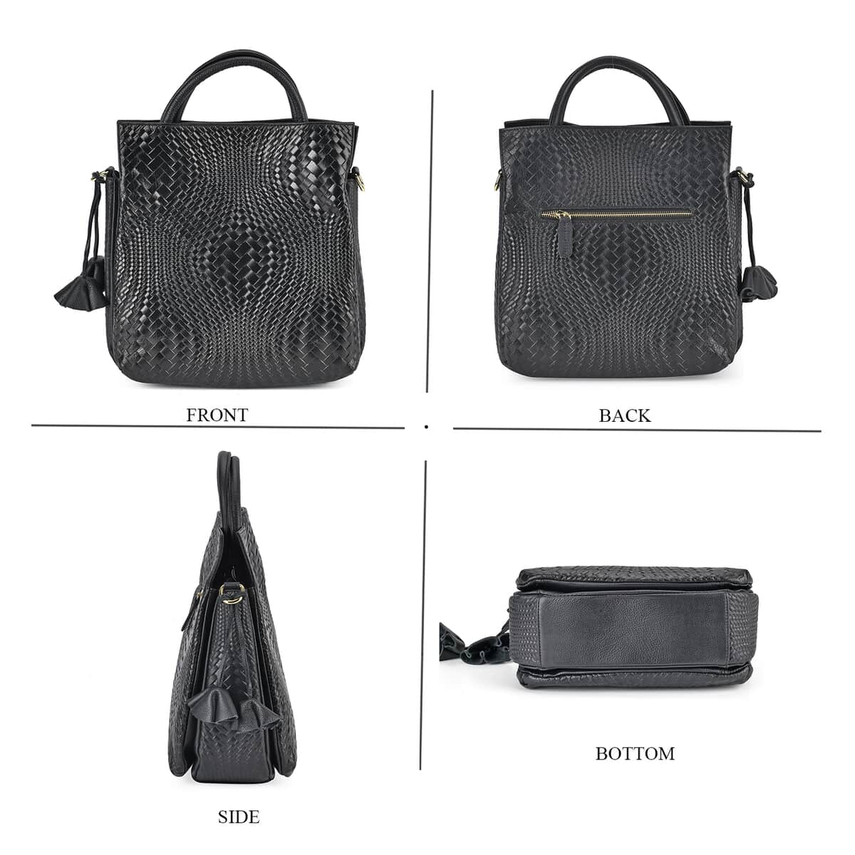 Black Color Embosed Weave Genuine Leather Crossbody Bag (11.8"x5"x12.6") with Handle Drop and Shoulder Strap image number 3