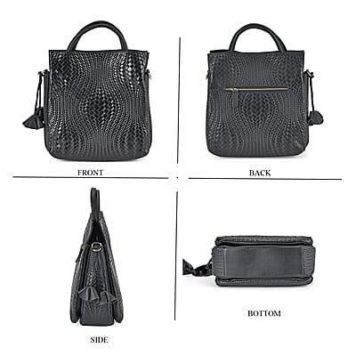 Black Embossed Weave Genuine Leather Crossbody Bag with Handle Drop and Shoulder Strap