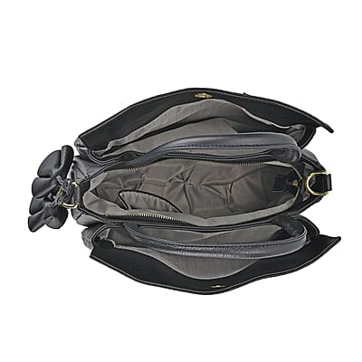 Black Embossed Weave Genuine Leather Crossbody Bag with Handle Drop and Shoulder Strap