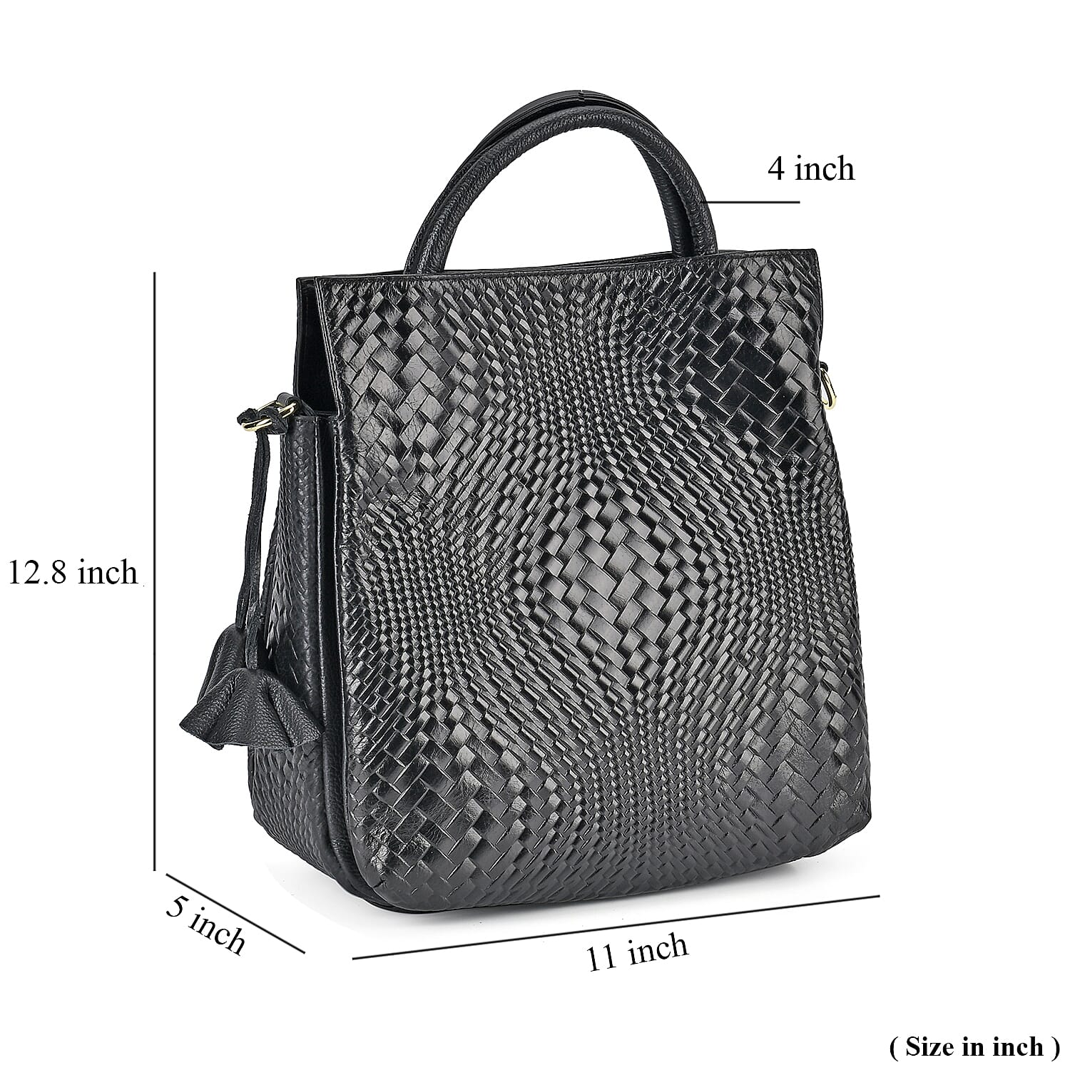 Black Embossed Weave Genuine Leather Crossbody Bag with Handle Drop and Shoulder Strap