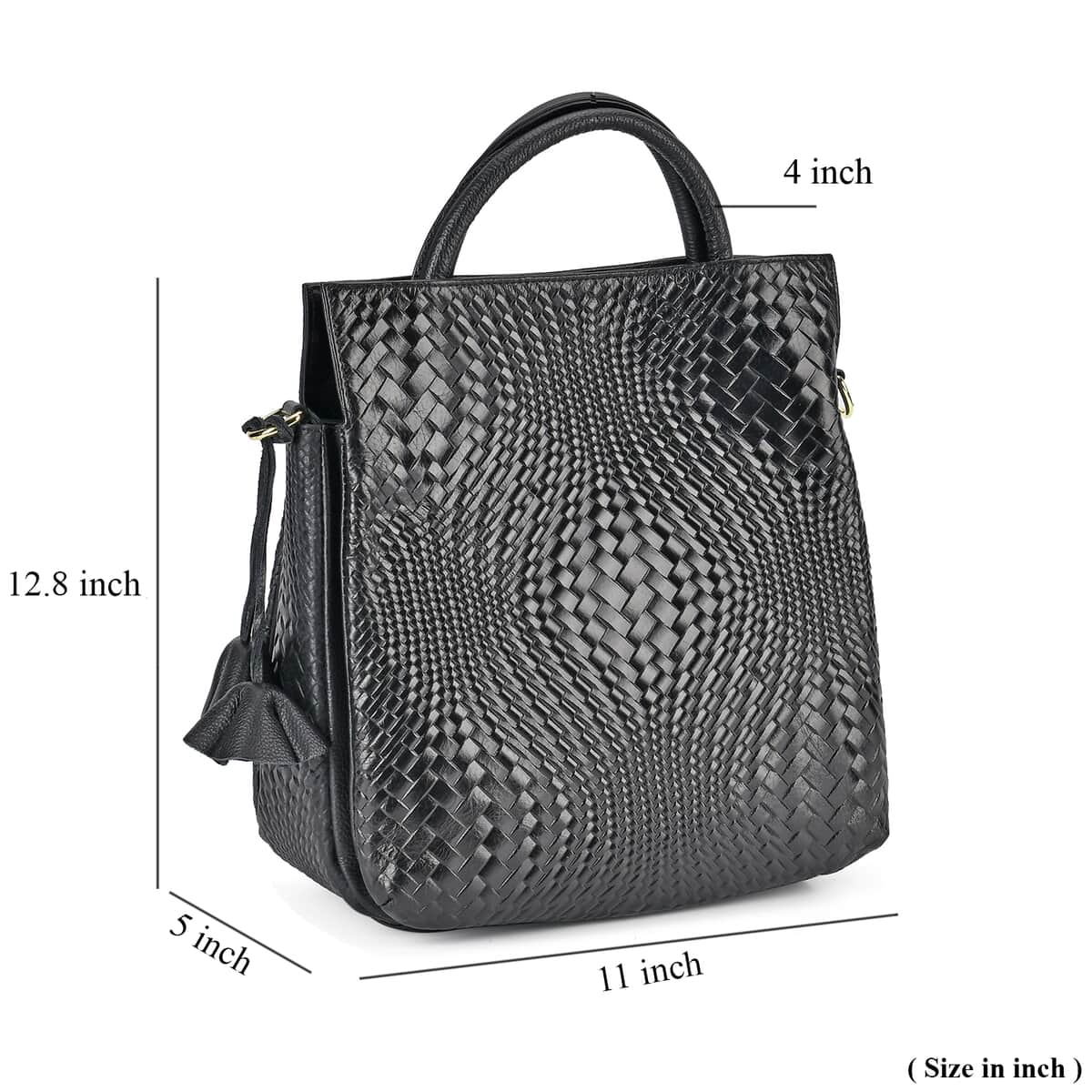 Black Embossed Weave Genuine Leather Crossbody Bag with Handle Drop and Shoulder Strap image number 6