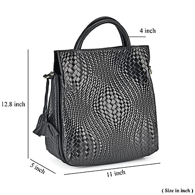 Black Embossed Weave Genuine Leather Crossbody Bag with Handle Drop and Shoulder Strap