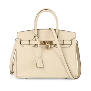 Italy Retro Noble Collection Cream Genuine Leather Padlock and Key Crossbody Bag with Detachable Shoulder Strap