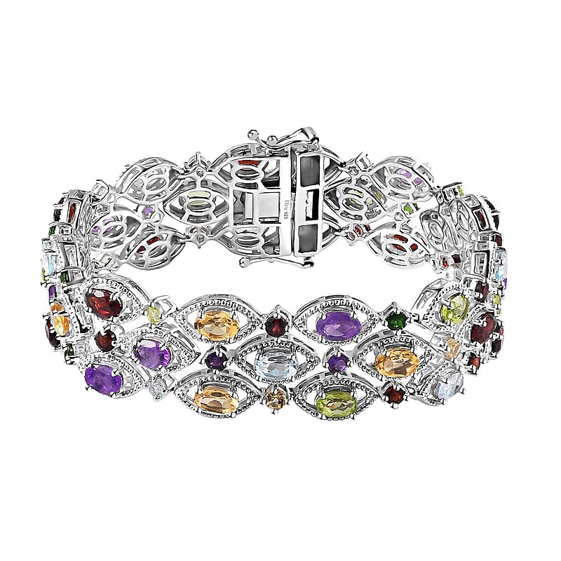 Multi Gemstone 3 Row Bracelet in Platinum Over Sterling Silver (7.25 In) 21.15 ctw