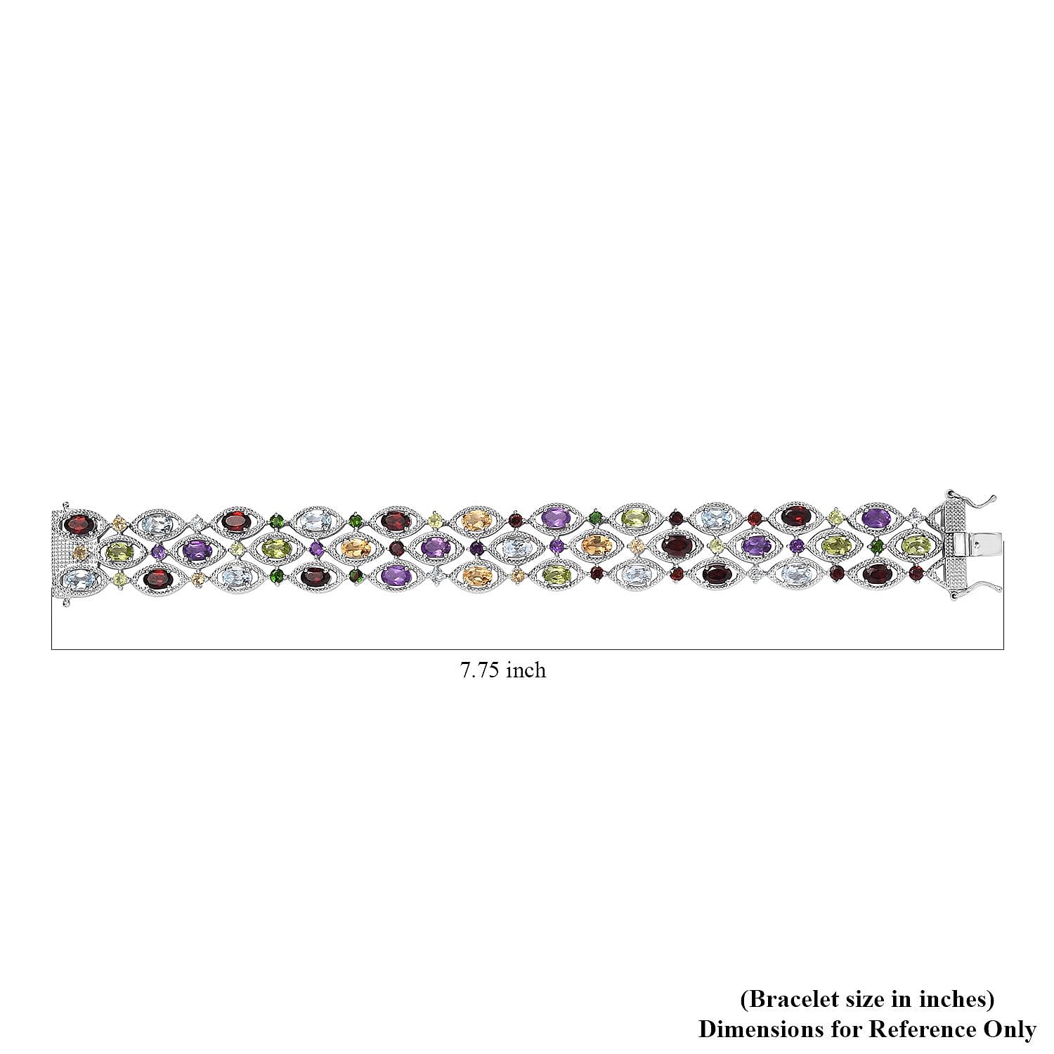 Multi Gemstone 3 Row Bracelet in Platinum Over Sterling Silver (7.25 In) 21.15 ctw