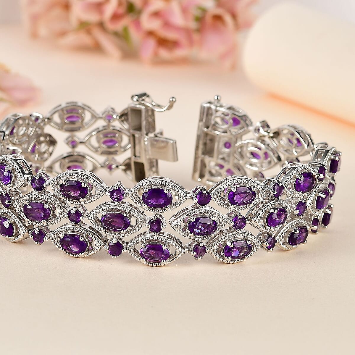 African Amethyst 3 Row Bracelet in Platinum Over Sterling Silver (7.25 In) 17.35 ctw image number 1