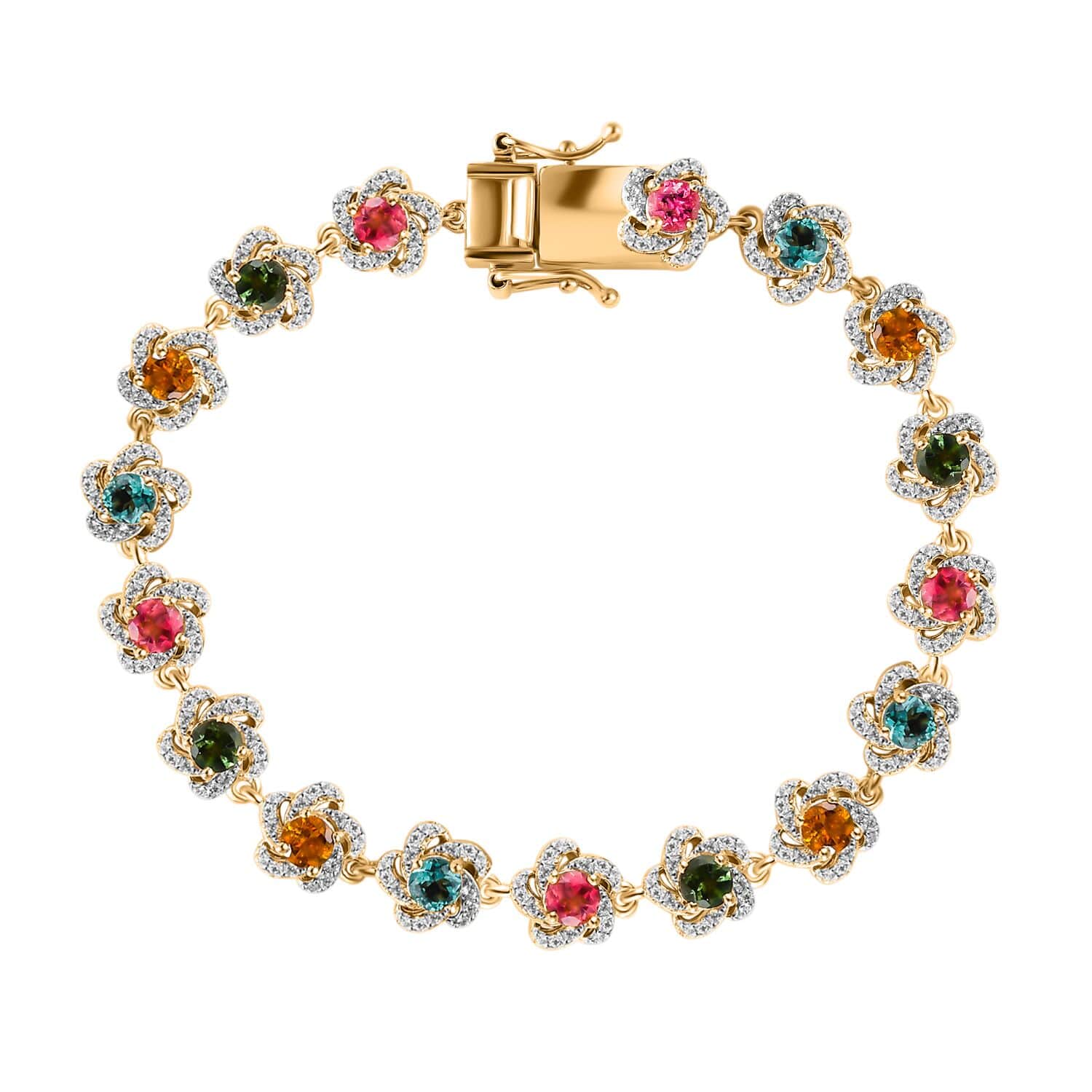 GP Celestial Dream Collection Premium Multi-Tourmaline and White Zircon  Bracelet in Vermeil Yellow Gold Over Sterling Silver (7.25 In) 7.15 ctw