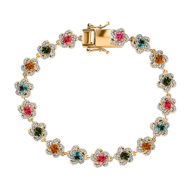 GP Celestial Dream Collection Premium Multi-Tourmaline and White Zircon 7.15 ctw Bracelet in Vermeil Yellow Gold Over Sterling Silver (7.25 In)