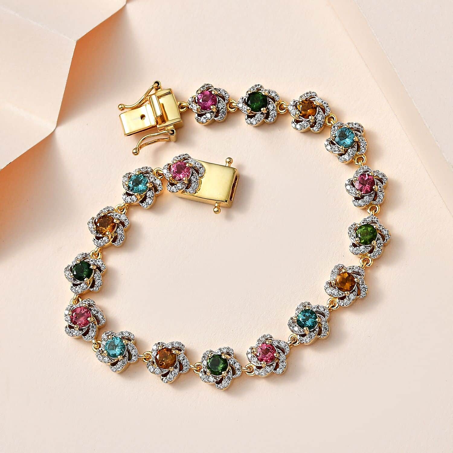 GP Celestial Dream Collection Premium Multi-Tourmaline and White Zircon  Bracelet in Vermeil Yellow Gold Over Sterling Silver (7.25 In) 7.15 ctw