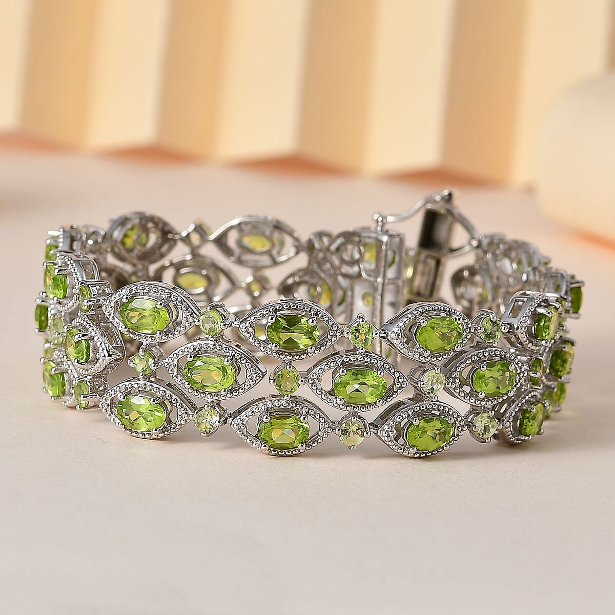 Peridot 3 Row Bracelet in Platinum Over Sterling Silver (7.25 In) 19.80 ctw image number 1