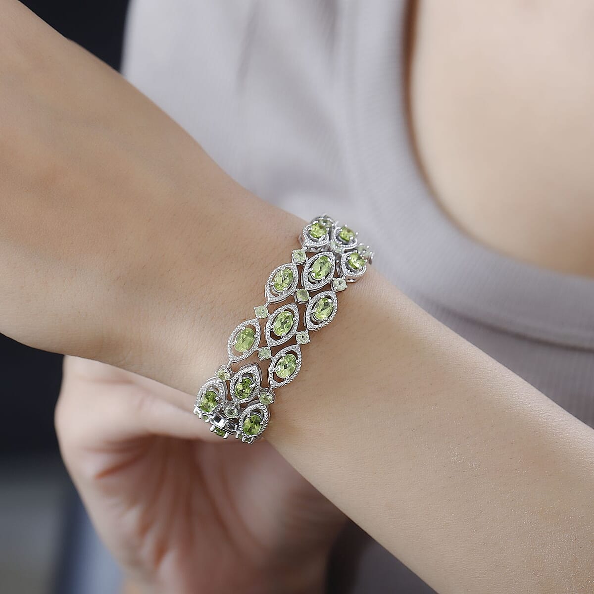 Peridot 3 Row Bracelet in Platinum Over Sterling Silver (7.25 In) 19.80 ctw image number 2
