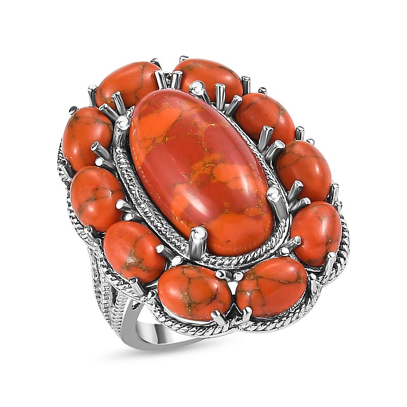 Mojave Orange Turquoise Floral Ring in Stainless Steel (Size 5.0) 15.65 ctw