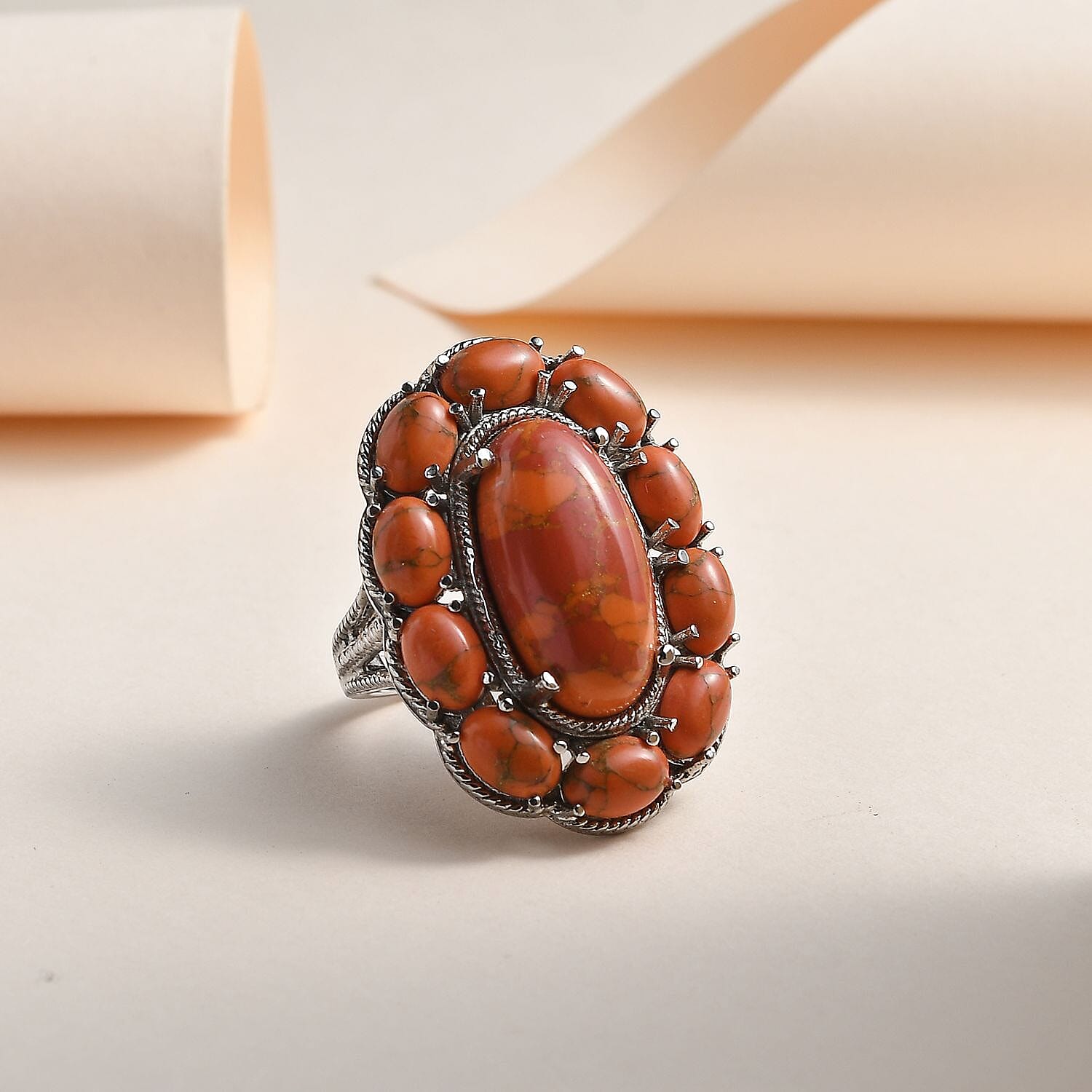 Mojave Orange Turquoise Floral Ring in Stainless Steel (Size 5.0) 15.65 ctw