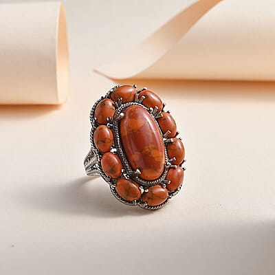 Mojave Orange Turquoise Floral Ring in Stainless Steel (Size 5.0) 15.65 ctw