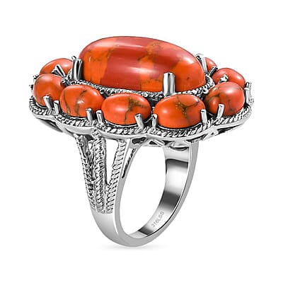 Mojave Orange Turquoise Floral Ring in Stainless Steel (Size 5.0) 15.65 ctw