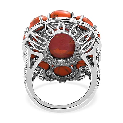 Mojave Orange Turquoise Floral Ring in Stainless Steel (Size 5.0) 15.65 ctw