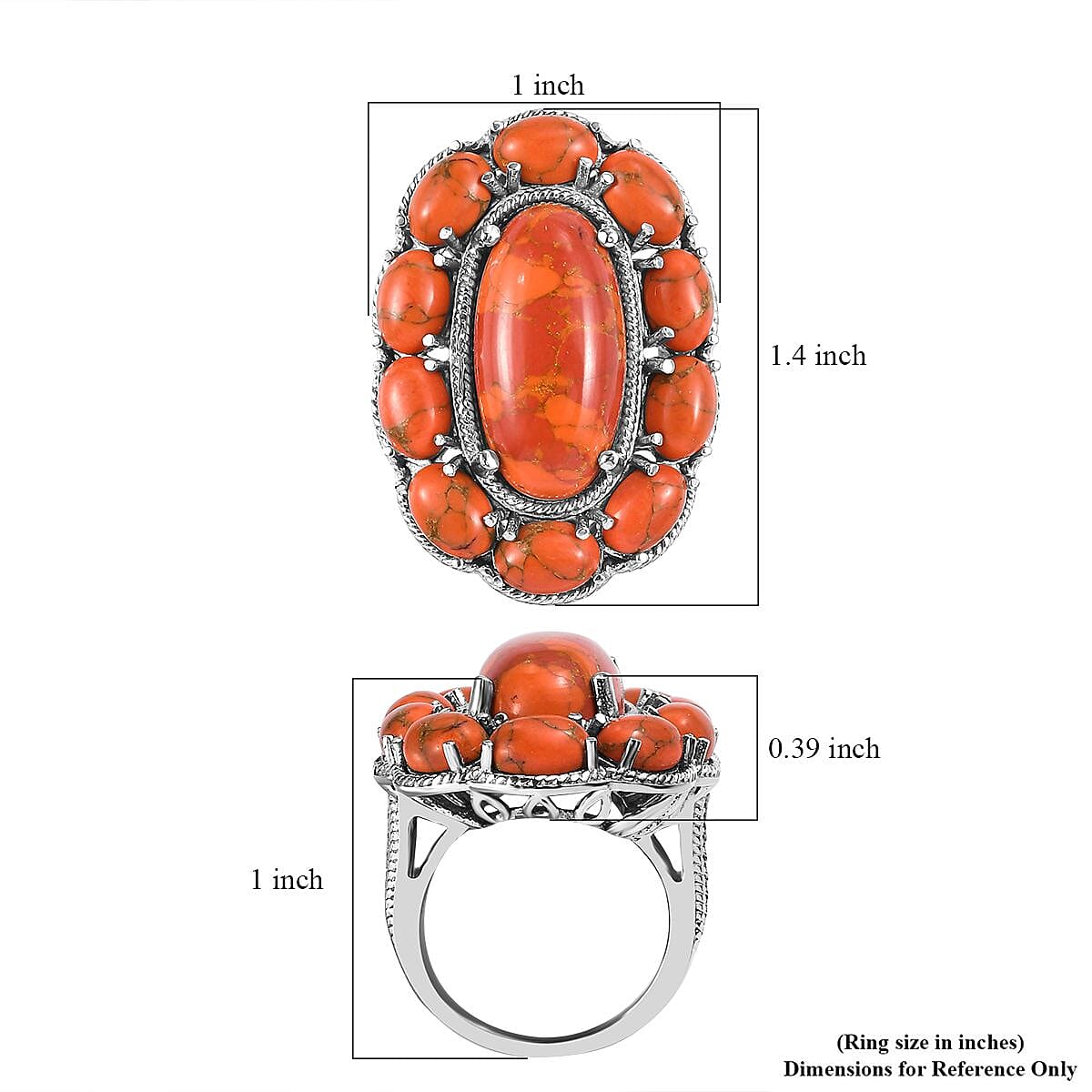 Mojave Orange Turquoise Floral Ring in Stainless Steel (Size 5.0) 15.65 ctw