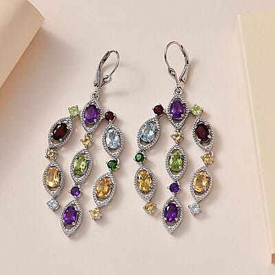 Multi Gemstone Chandelier Earrings in Platinum Over Sterling Silver 8.35 ctw