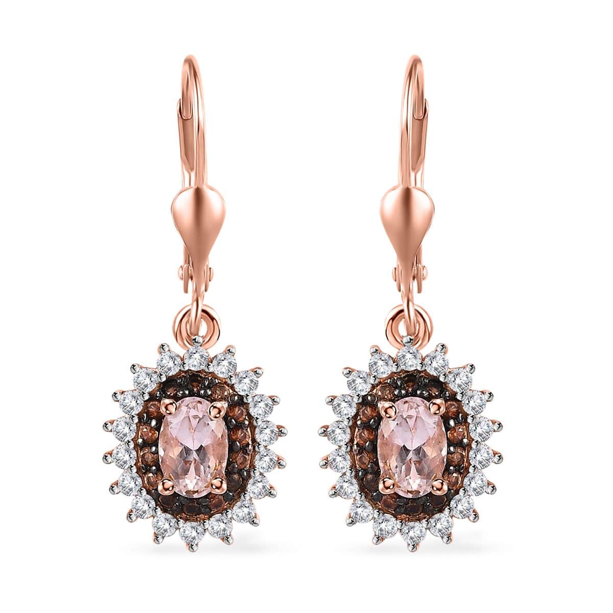 Premium Pink Morganite, Brown and White Zircon Lever Back Earrings in Vermeil Rose Gold Over Sterling Silver 2.10 ctw image number 0