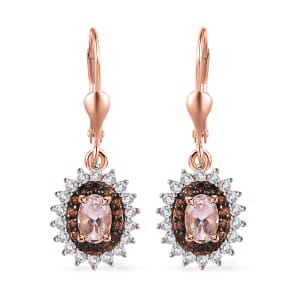 Premium Pink Morganite, Brown and White Zircon Lever Back Earrings in Vermeil Rose Gold Over Sterling Silver 2.10 ctw