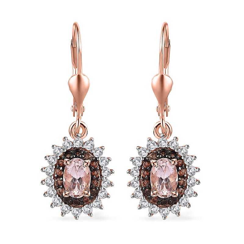 D'Joy Premium Pink Morganite, Brown and White Zircon Lever Back Earrings in Vermeil Rose Gold Over Sterling Silver 2.10 ctw
