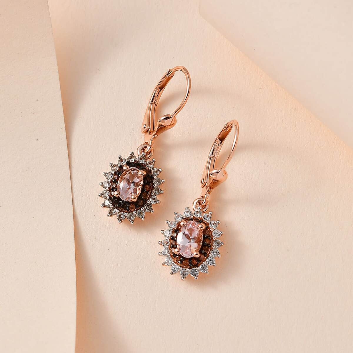 Premium Pink Morganite, Brown and White Zircon Lever Back Earrings in Vermeil Rose Gold Over Sterling Silver 2.10 ctw image number 1