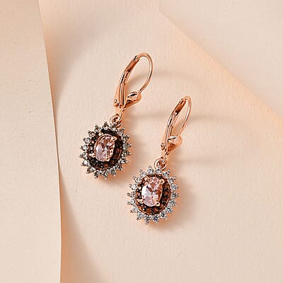 D'Joy Premium Pink Morganite, Brown and White Zircon Lever Back Earrings in Vermeil Rose Gold Over Sterling Silver 2.10 ctw